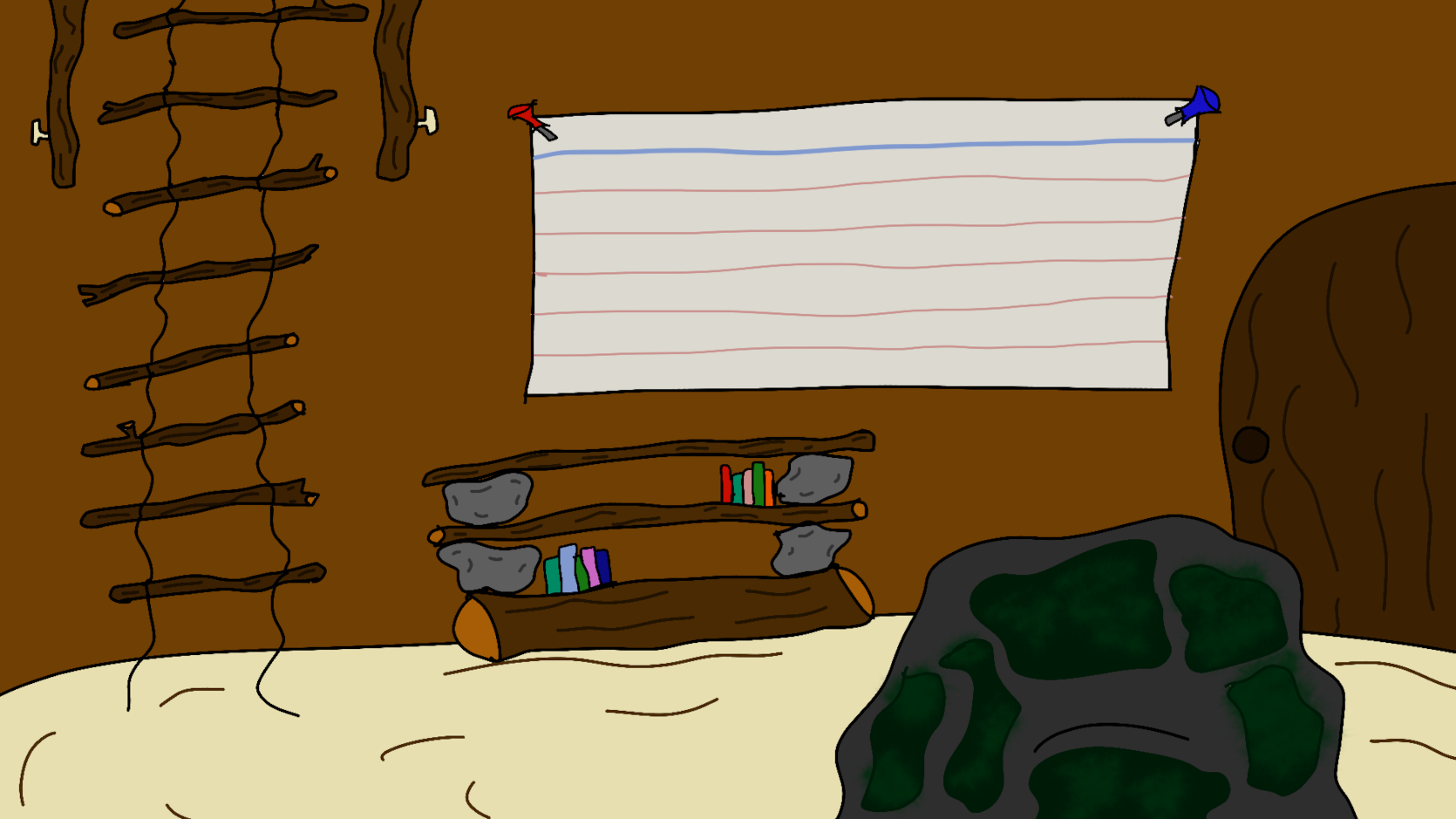 A cartoon office with a chair made of rock and moss, a door behind it to the right, a bookshelf to the left, a giant notecard above, and a rope ladder leading to another room the the left of the notecard.