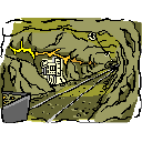 Cartoon train car riding down a mine shaft.