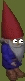 Cartoon gnome looking toward the right shifting his eye back and forth fast.